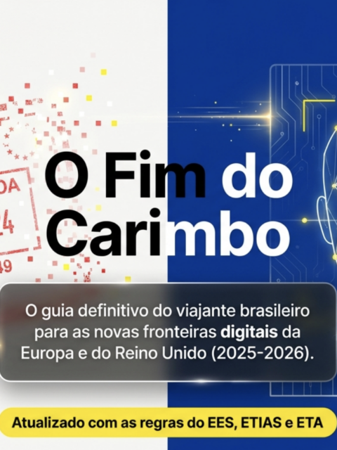 Imagem que ilustra o fim do carimbo no passaporte e a transição para as fronteiras digitais e controle biométrico EES na Europa