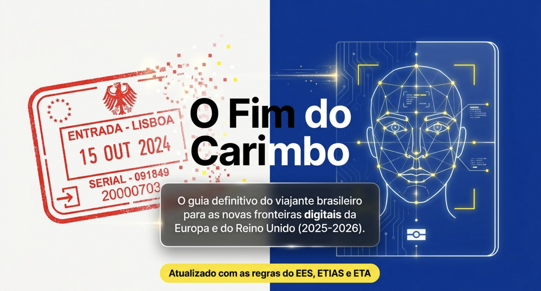 Imagem que ilustra o fim do carimbo no passaporte e a transição para as fronteiras digitais e controle biométrico EES na Europa