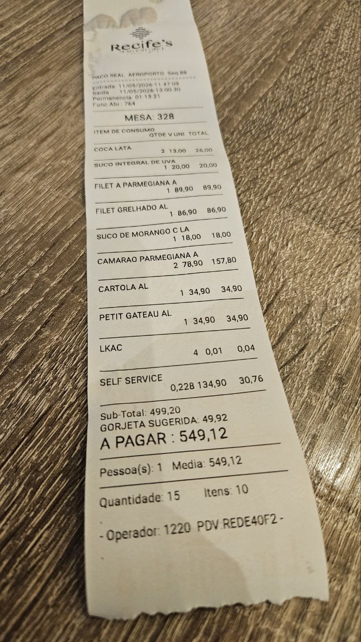Conta do Paço Real Recife mostrando valor total de R$549,12 e 4 acessos Lounge Key