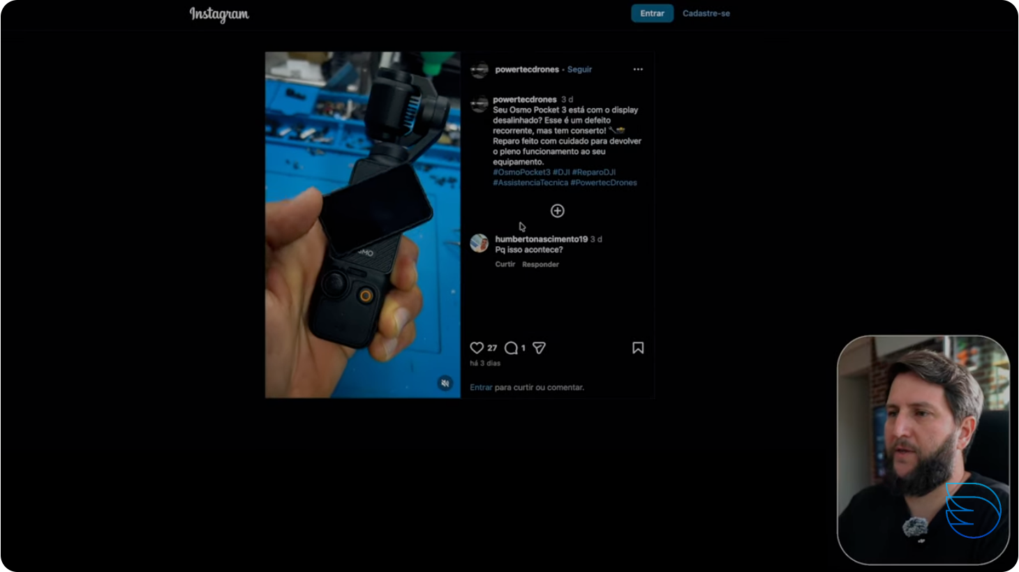 Relato de outro usuário no Instagram com o mesmo defeito de tela da Osmo Pocket 3