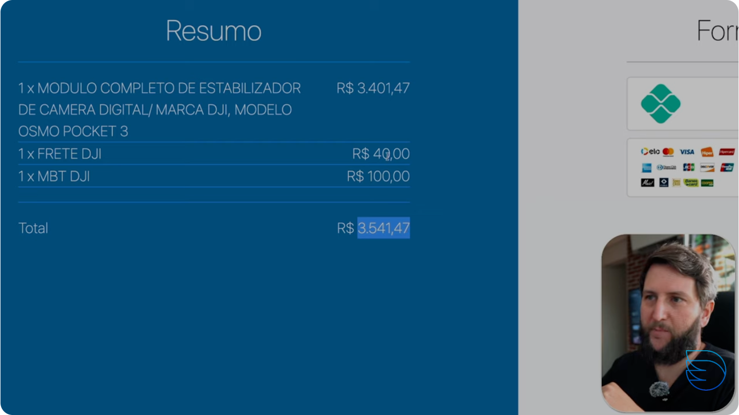 Orçamento de conserto da Osmo Pocket 3 no valor de R$ 3.541,47