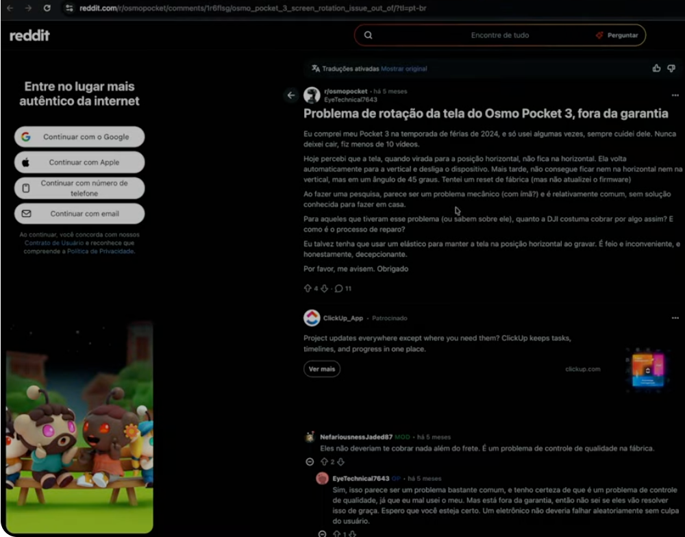 Post no Reddit relatando o mesmo defeito de tela giratória da Osmo Pocket 3