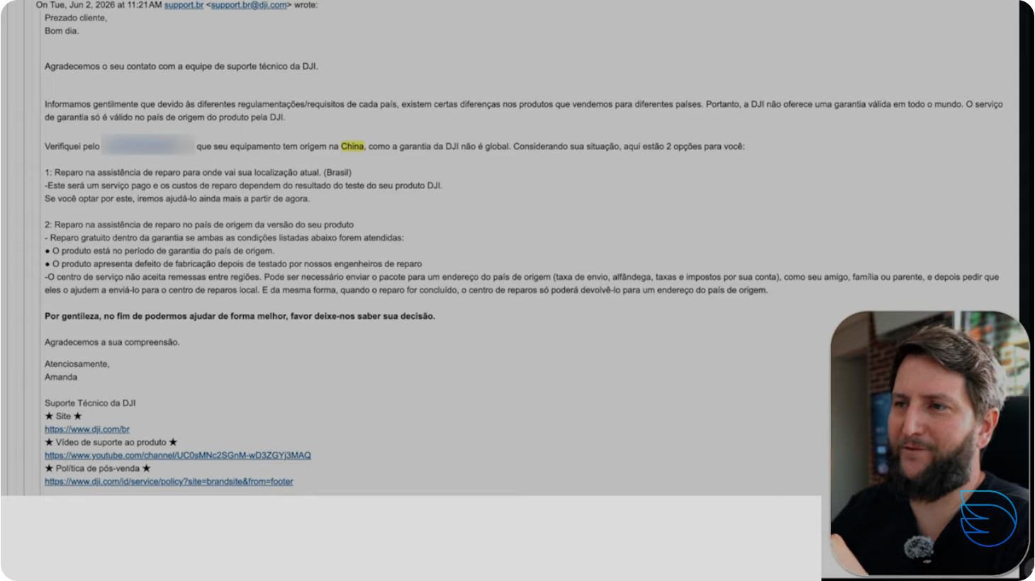 E-mail do suporte da DJI informando que a garantia do produto só é válida no país de origem