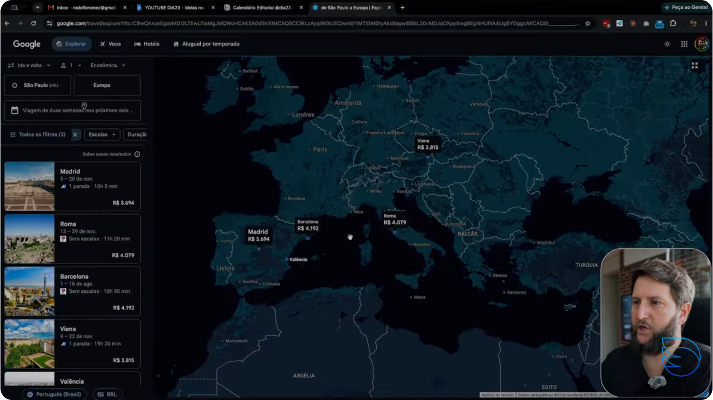 Tela do Google Flights explorando preços para a Europa no mapa