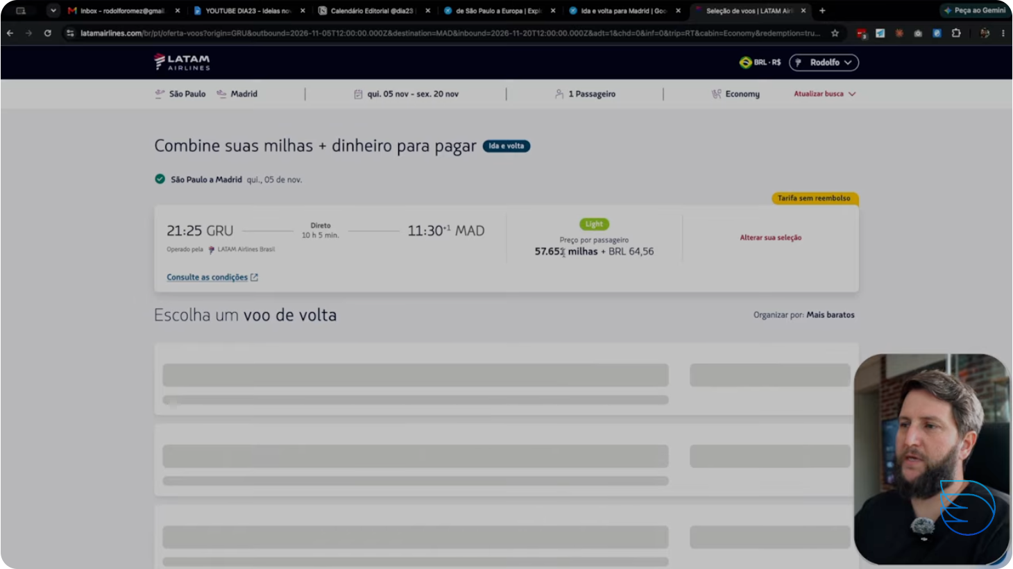 Busca de passagem aérea usando milhas no site da LATAM, mostrando valor em milhas e taxas