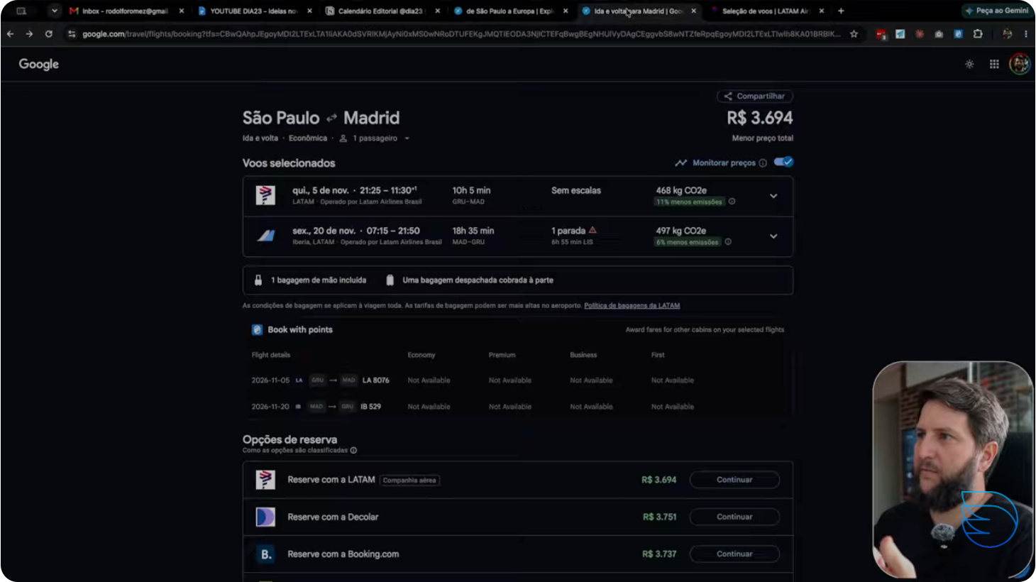 Página de compra da LATAM mostrando preço final da passagem Guarulhos-Madri em dinheiro