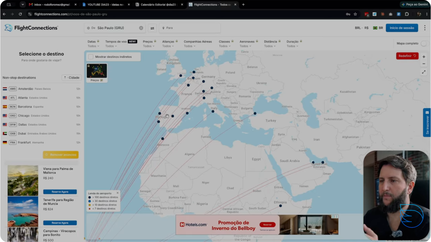Mapa de rotas aéreas do Flightconnections mostrando voos diretos de Guarulhos para a Europa