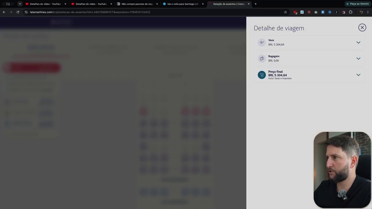 Detalhe da viagem LATAM Brasília Santiago do Chile, tarifa Light, preço final R$ 5.304,64 para 2 passageiros