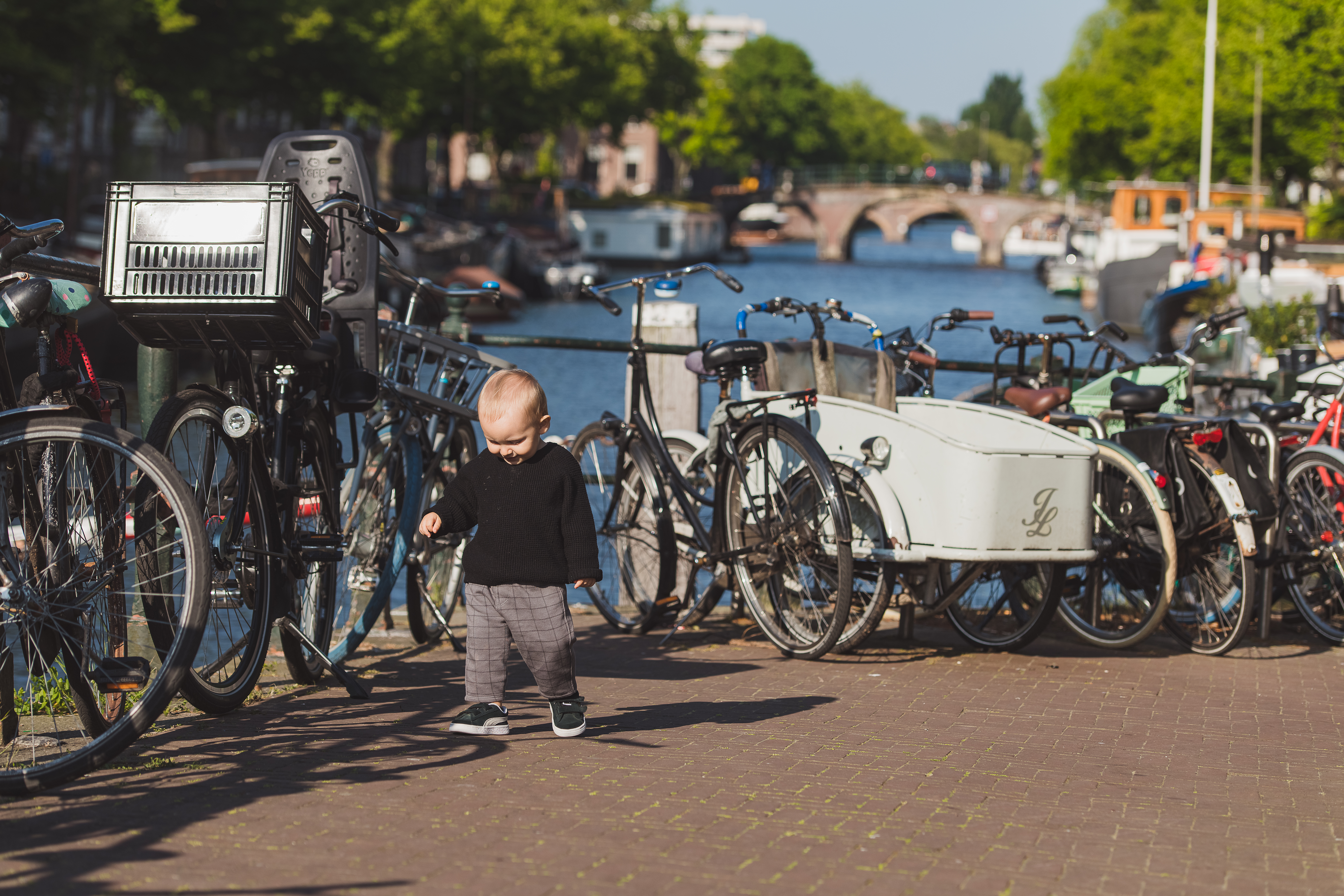 Família caminhando por uma ponte arborizada às margens de um canal de Amsterdã com luz dourada do fim de tarde
