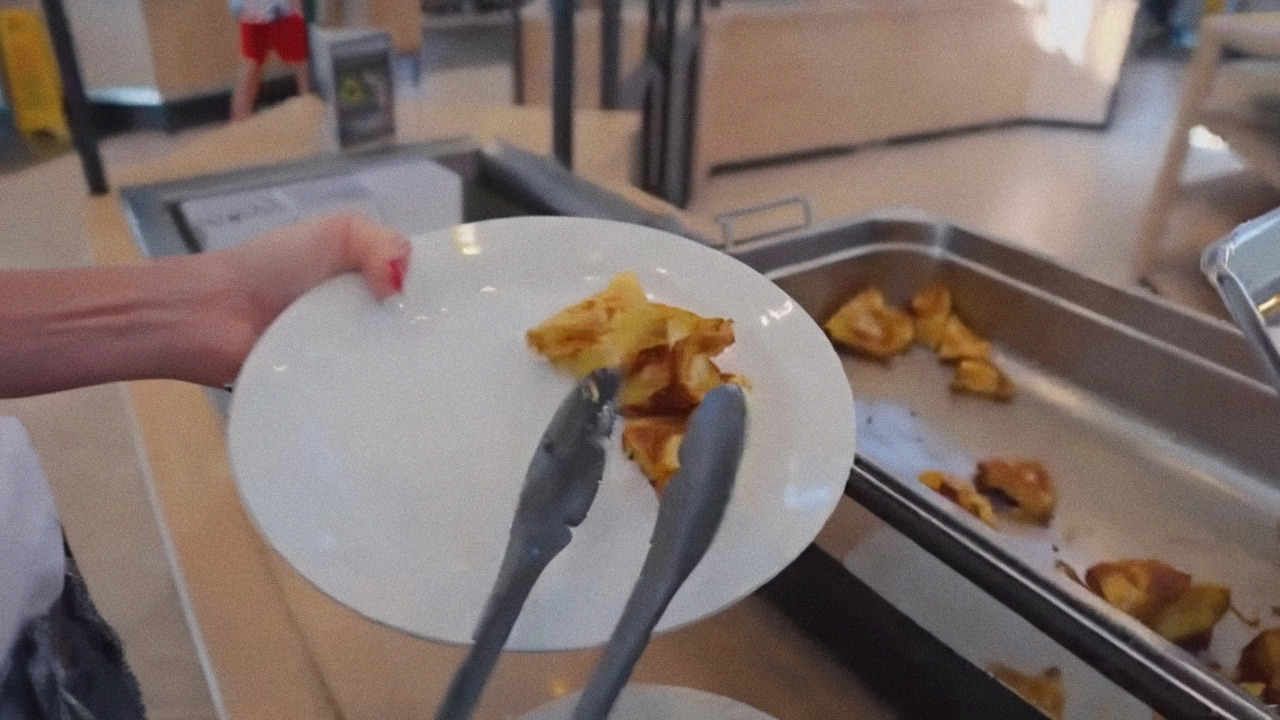 Prato com comida do buffet de cafe da manha do B&B Hotel Disneyland Paris, com as travessas ao fundo