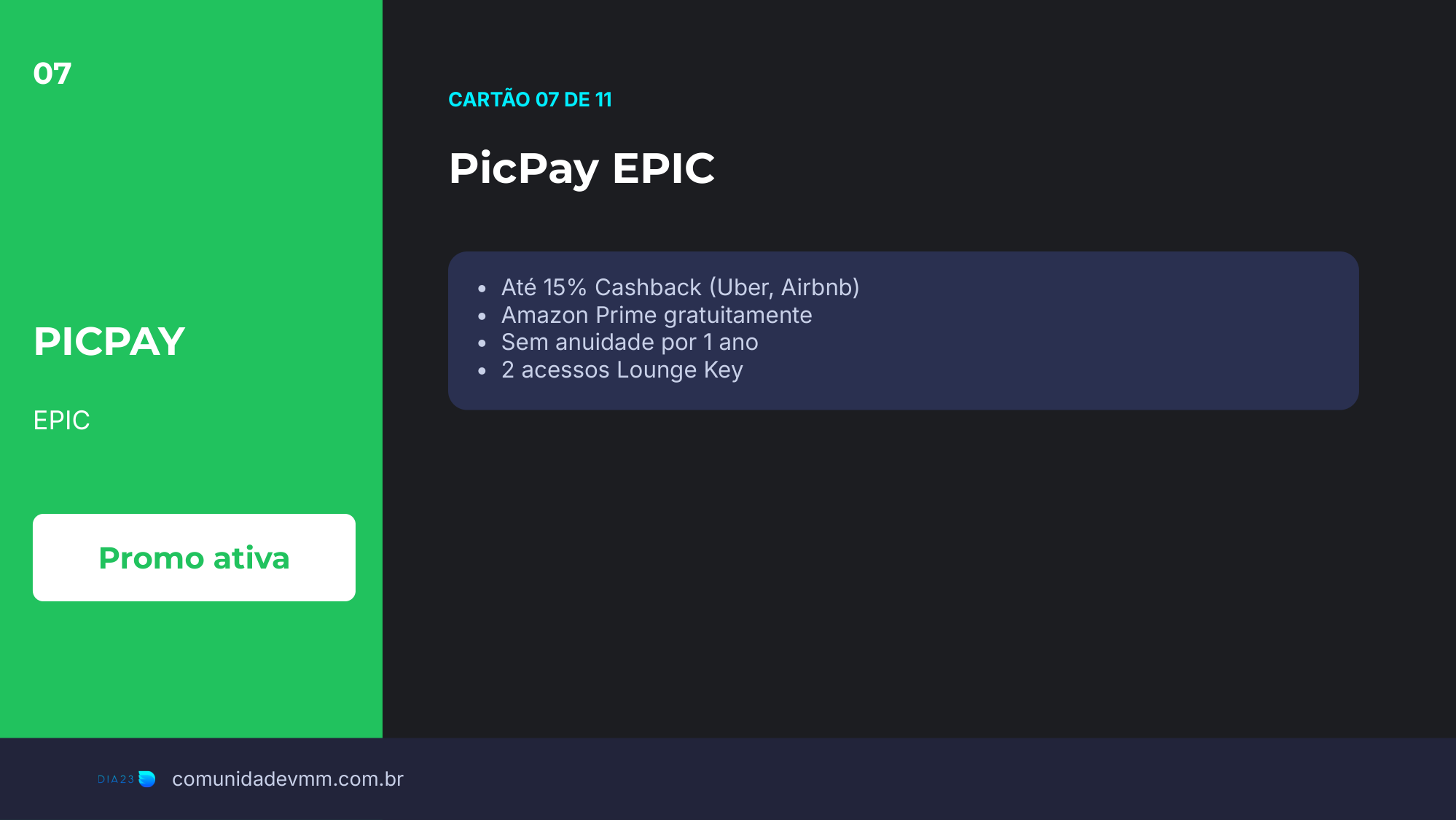 Slide do cartão PicPay EPIC, cartão 7 de 11 na nossa carteira, com anuidade e benefícios reais
