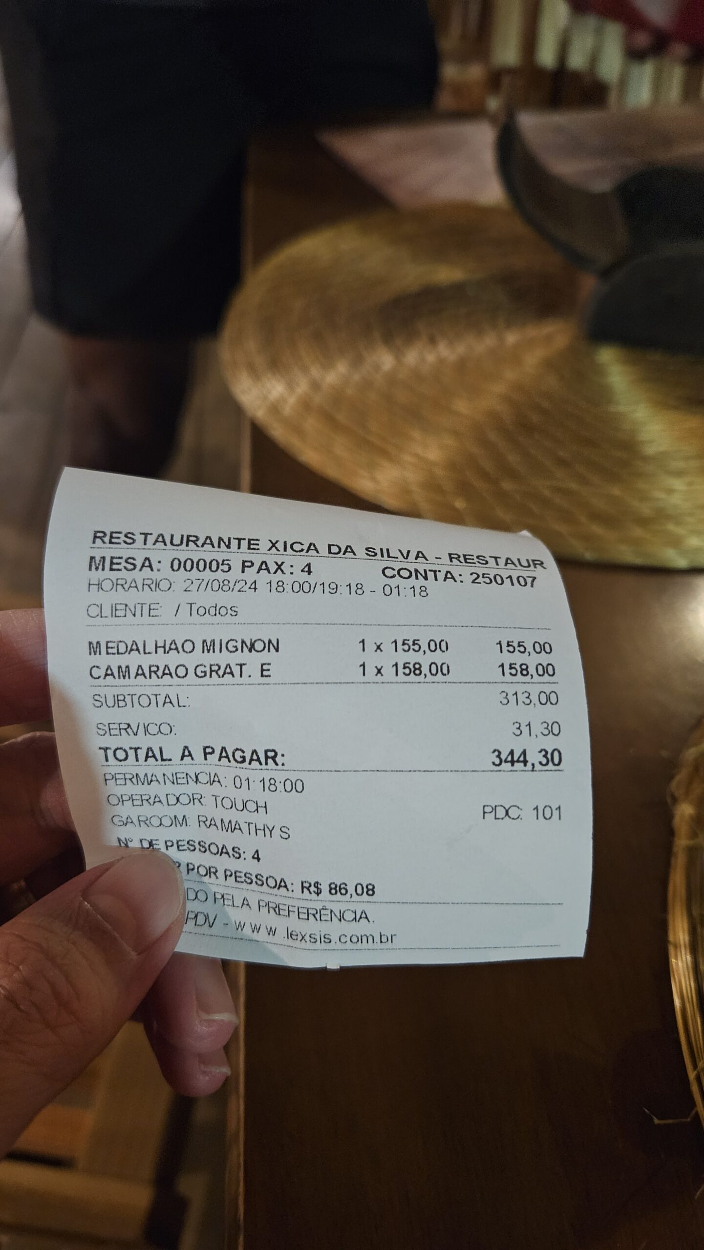 Comprovante do Restaurante Xica da Silva em Fernando de Noronha