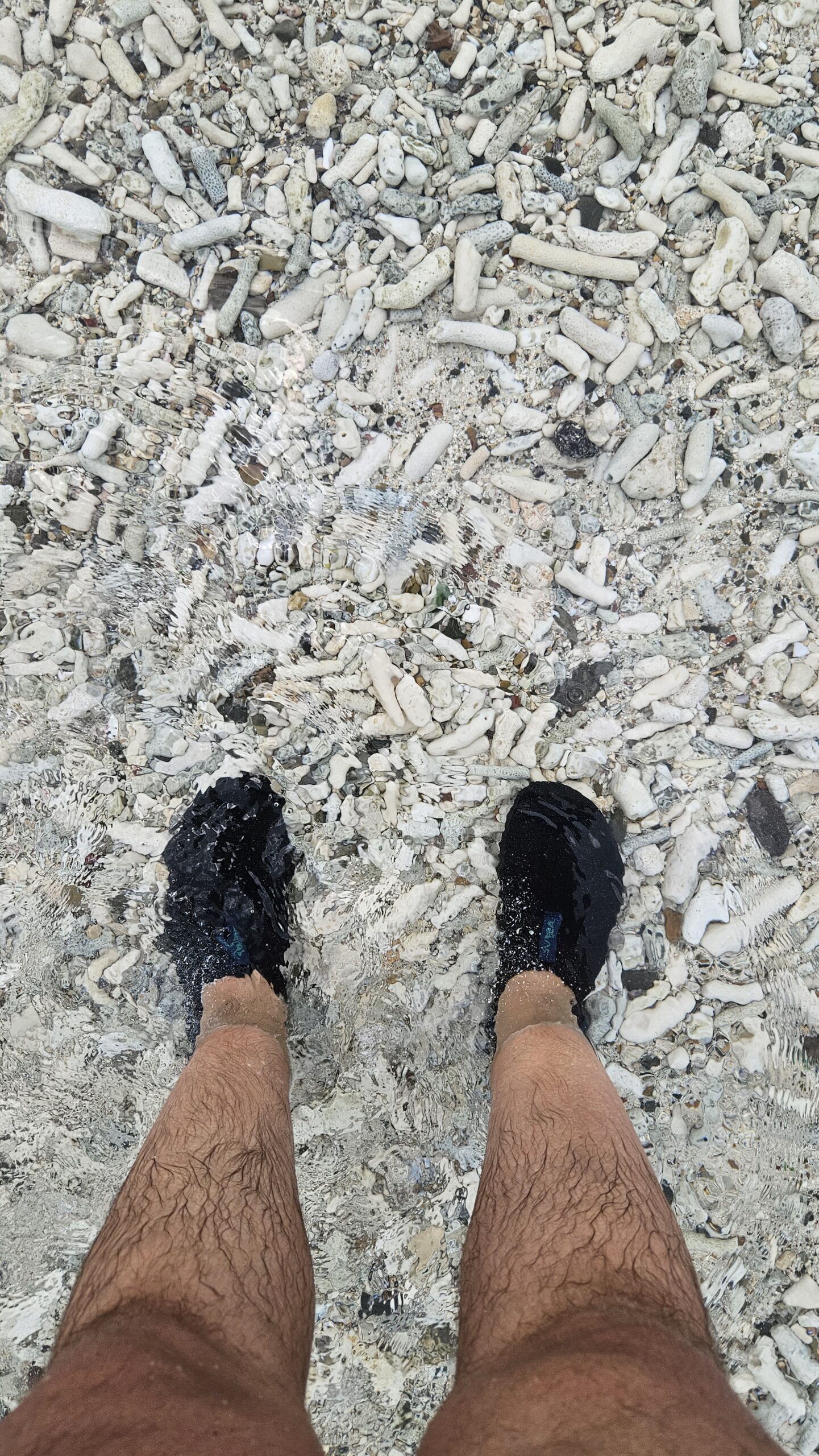 Pés usando sapato aquático preto sobre o fundo de pedra e coral na Kenepa Grandi