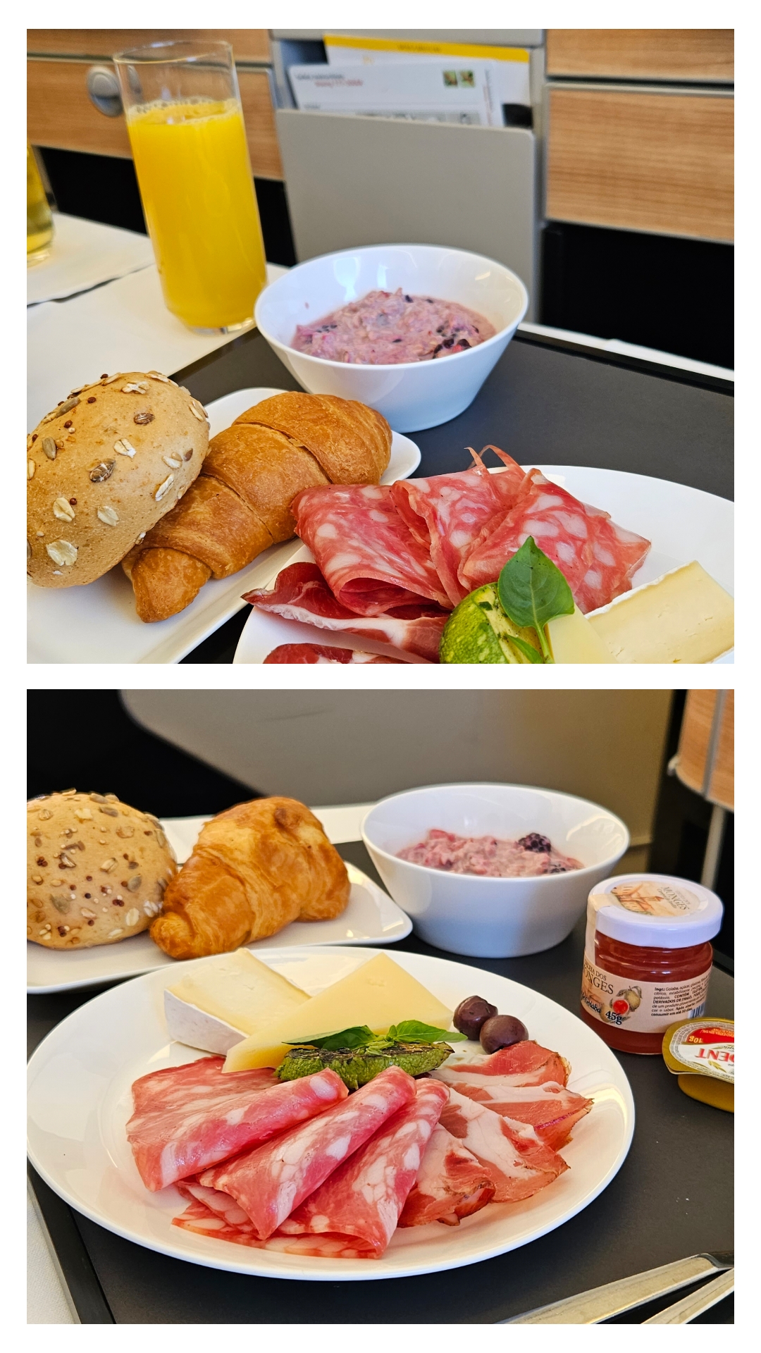 Bandeja de café da manhã da executiva Swiss com croissant, pão, aveia com frutas vermelhas e tábua de frios