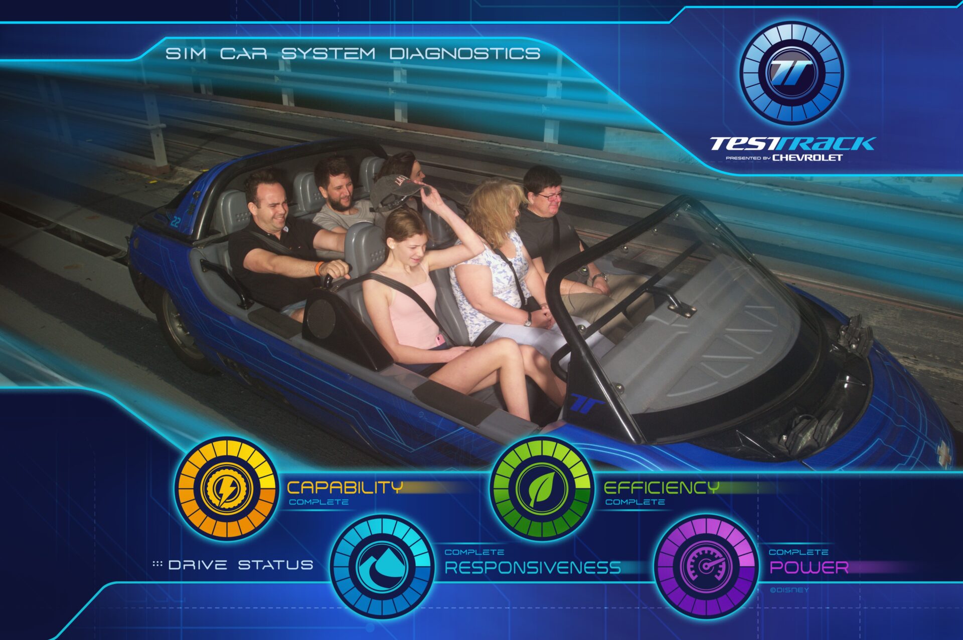 Familia rindo durante a atracao Test Track no Epcot em Orlando