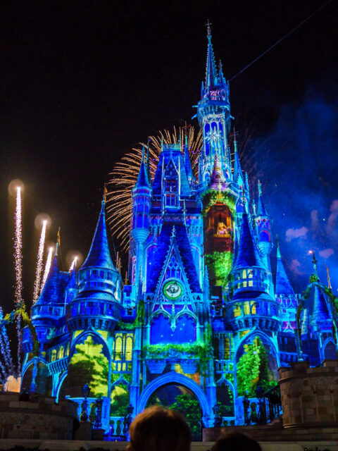 Show de fogos e projeção no Castelo da Cinderela durante a noite no Magic Kingdom
