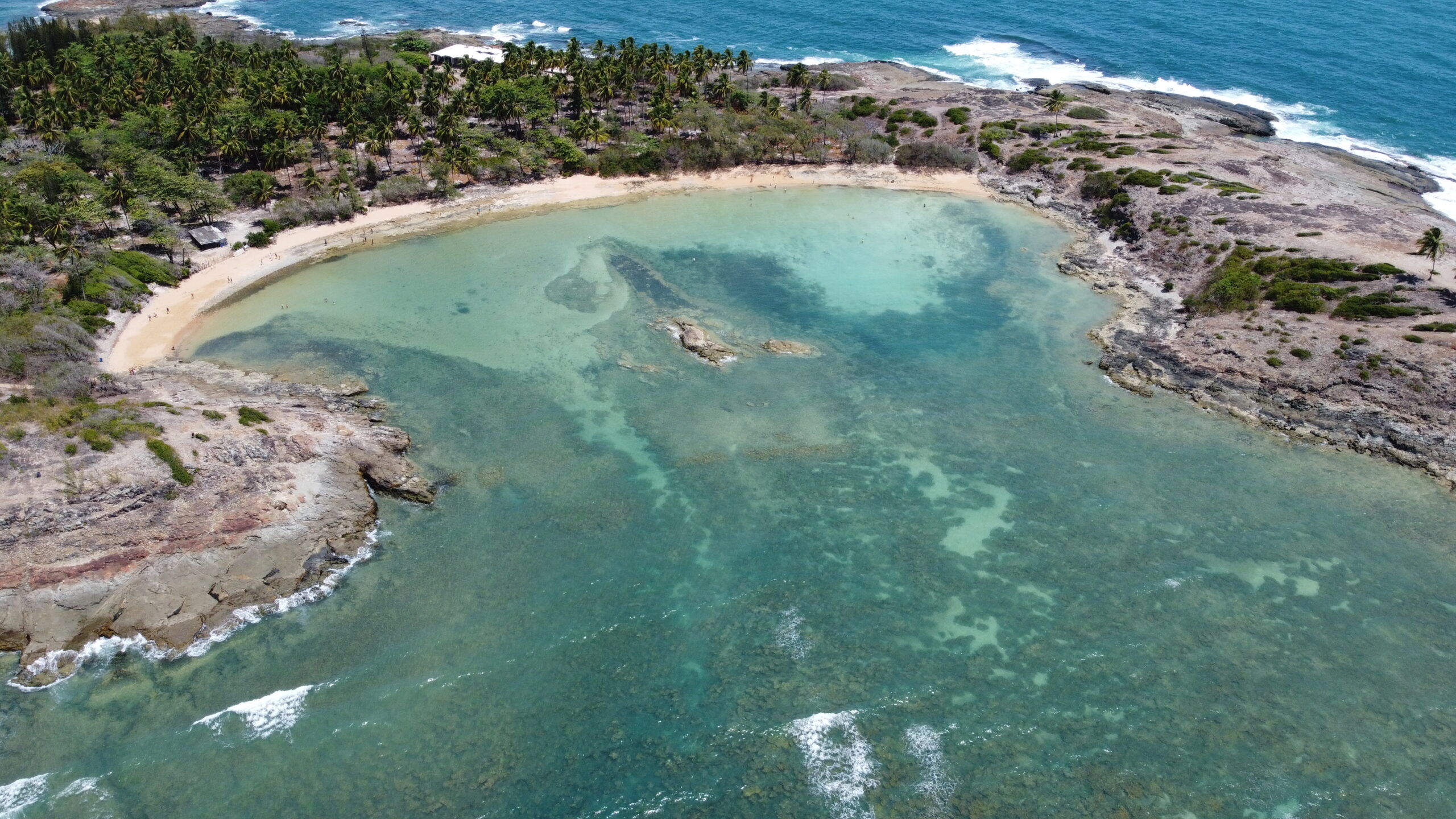 Vista aérea da Praia da Ferradura na Ilha de Santo Aleixo, mostrando o formato semicircular da enseada e a água esverdeada da piscina natural.