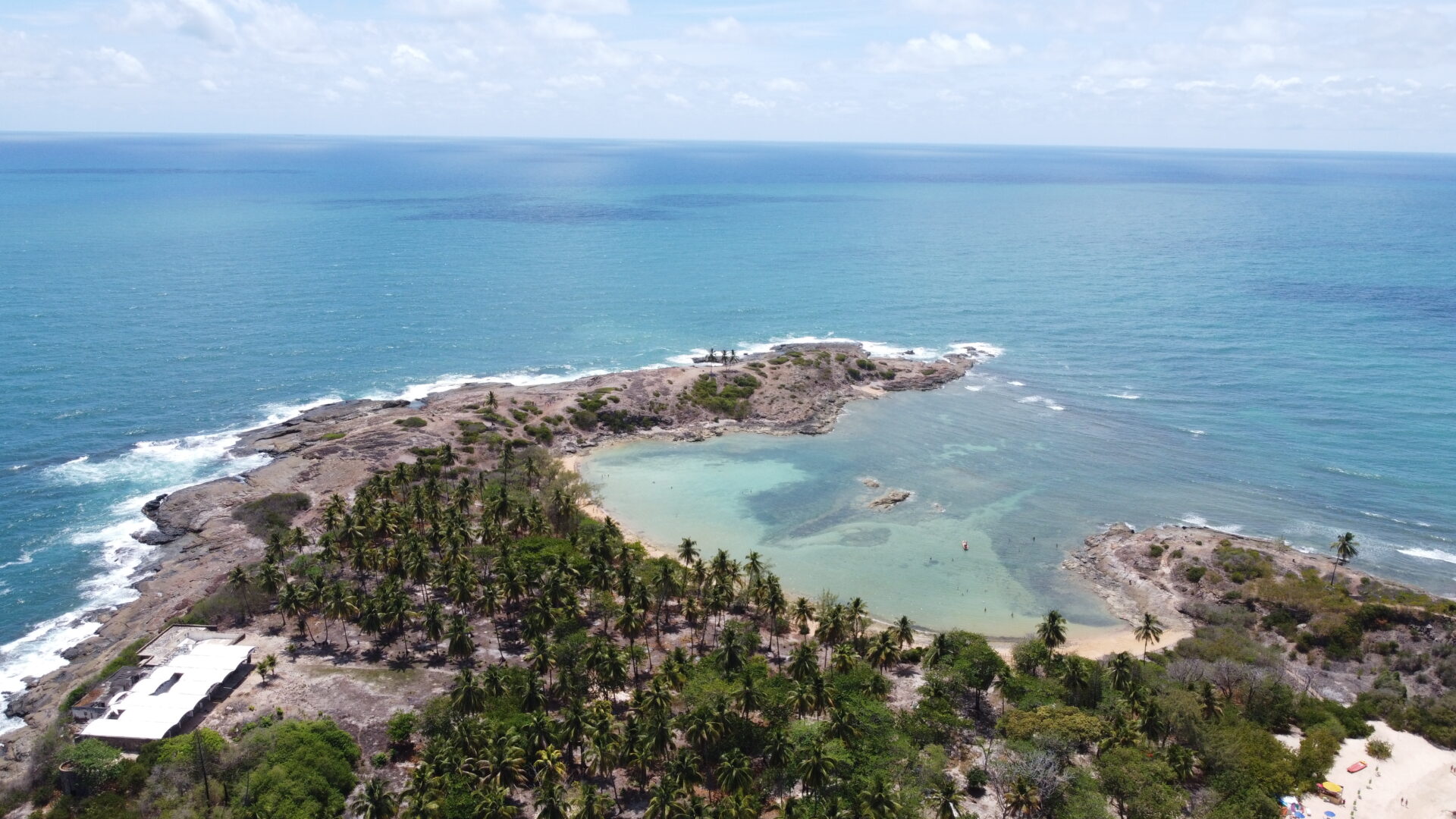 Vista aérea da Ilha de Santo Aleixo mostrando a enseada em formato de ferradura, a praia principal com coqueiros e o mar aberto ao redor.