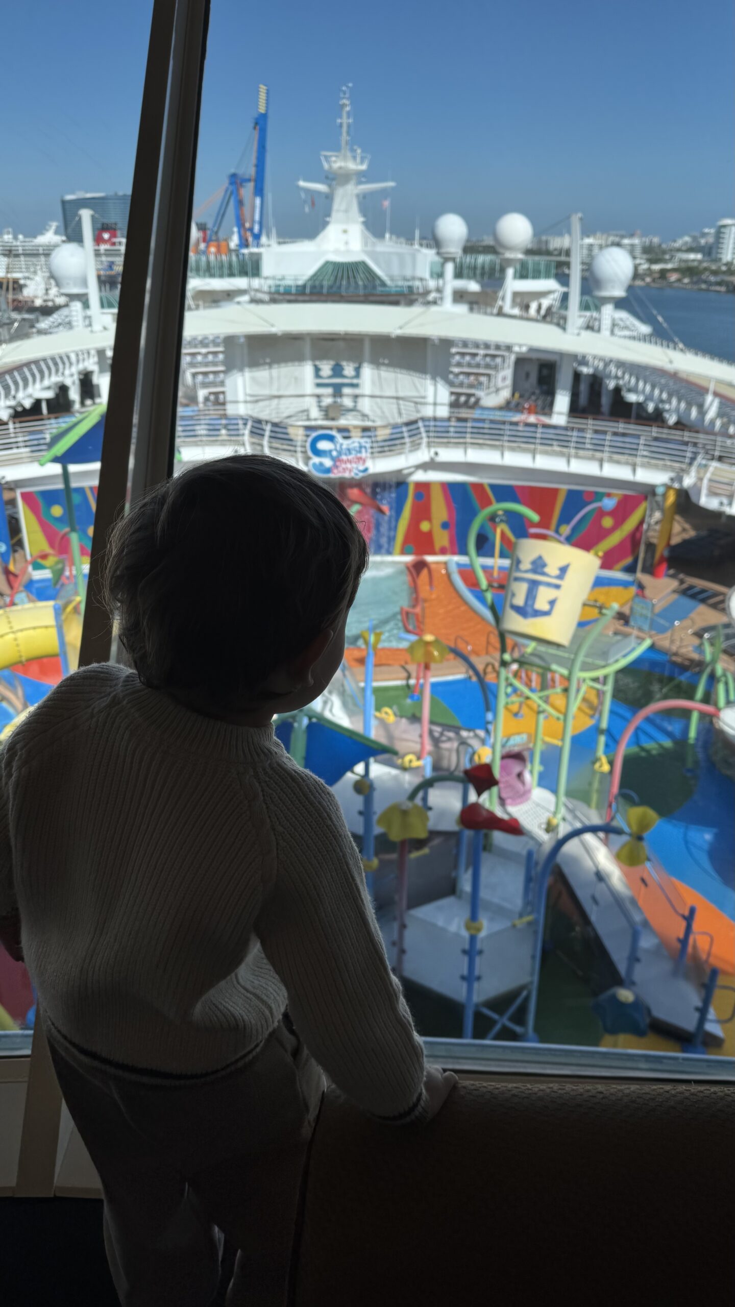 Criança observando a área de piscinas e toboágua do Liberty of the Seas através da janela da cabine