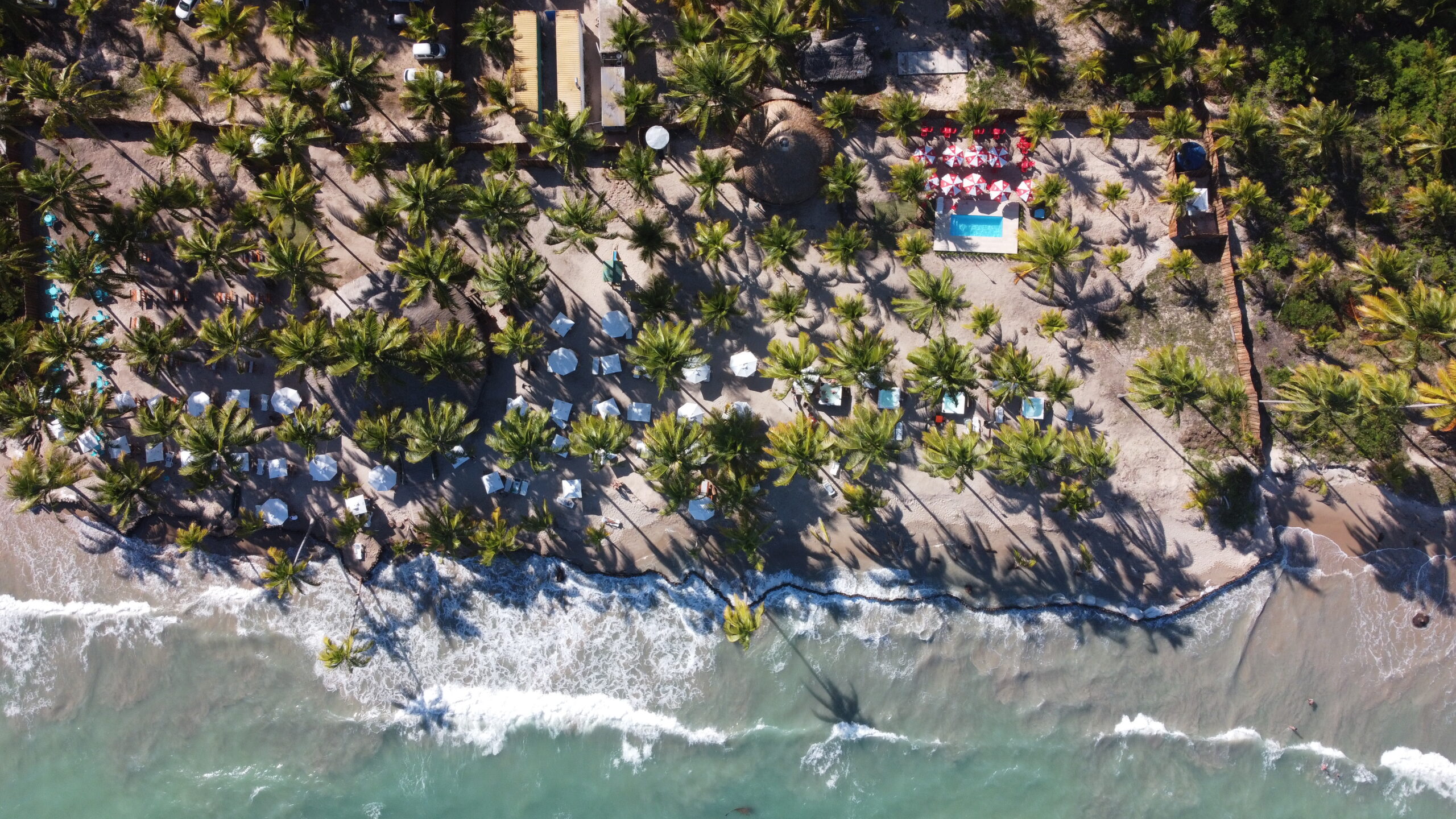 Vista aérea do Corais Beach Club com guarda-sóis e piscina entre coqueiros, no bairro de Ipioca, Maceió