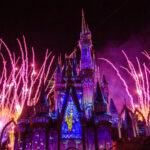 Fogos de artifício iluminando o Castelo da Cinderela no Magic Kingdom em Orlando