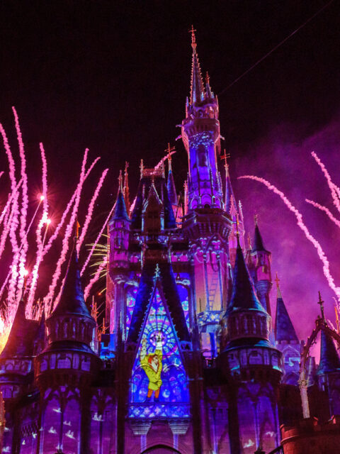 Fogos de artifício iluminando o Castelo da Cinderela no Magic Kingdom em Orlando