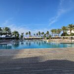 Piscina do Mangrove Beach Resort em Curaçao ladeada de coqueiros