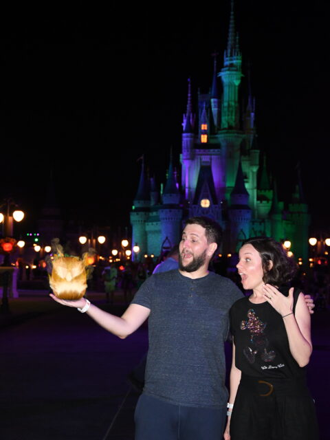 Foto do Memory Maker feita por fotógrafo do PhotoPass em frente ao Castelo da Cinderela iluminado à noite no Magic Kingdom