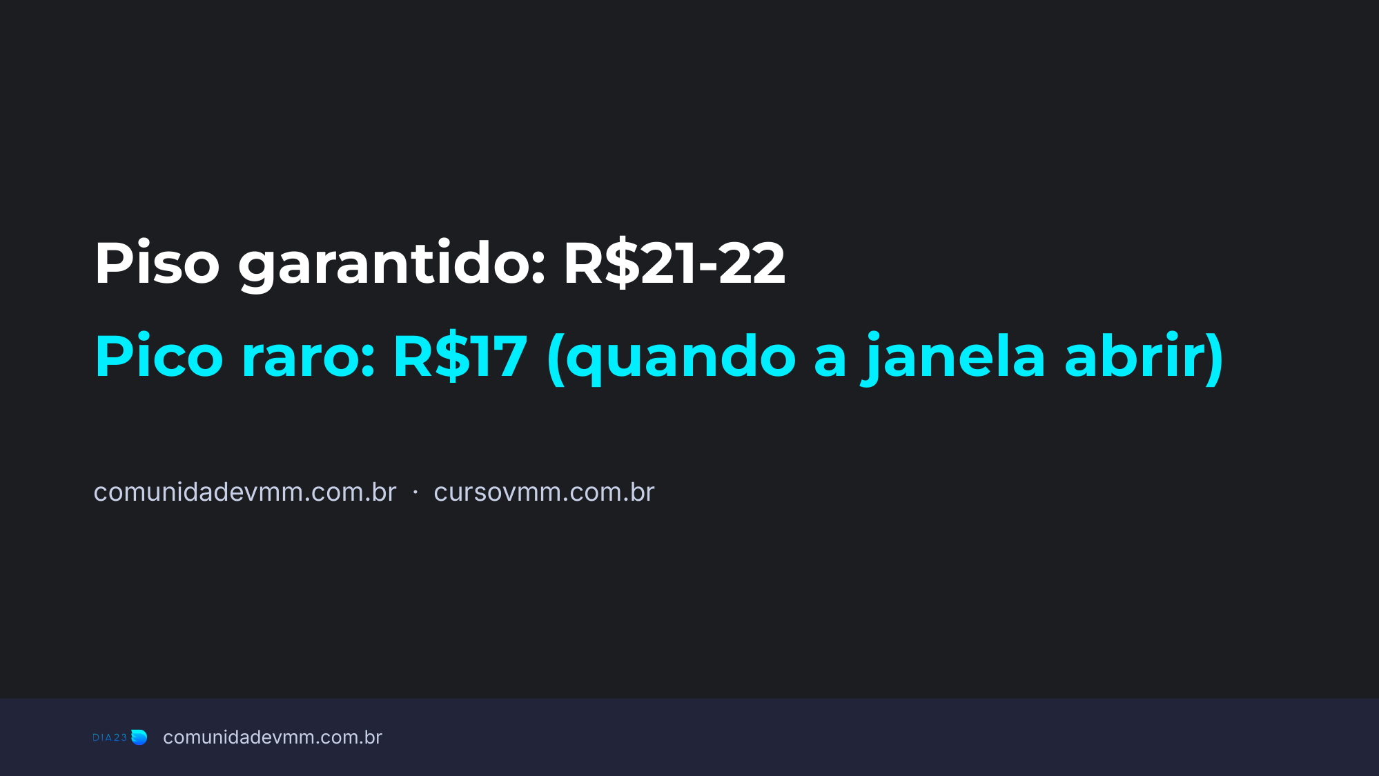 Slide resumindo o piso garantido de R$21-22 e o pico raro de R$17 quando a janela de upgrade abrir