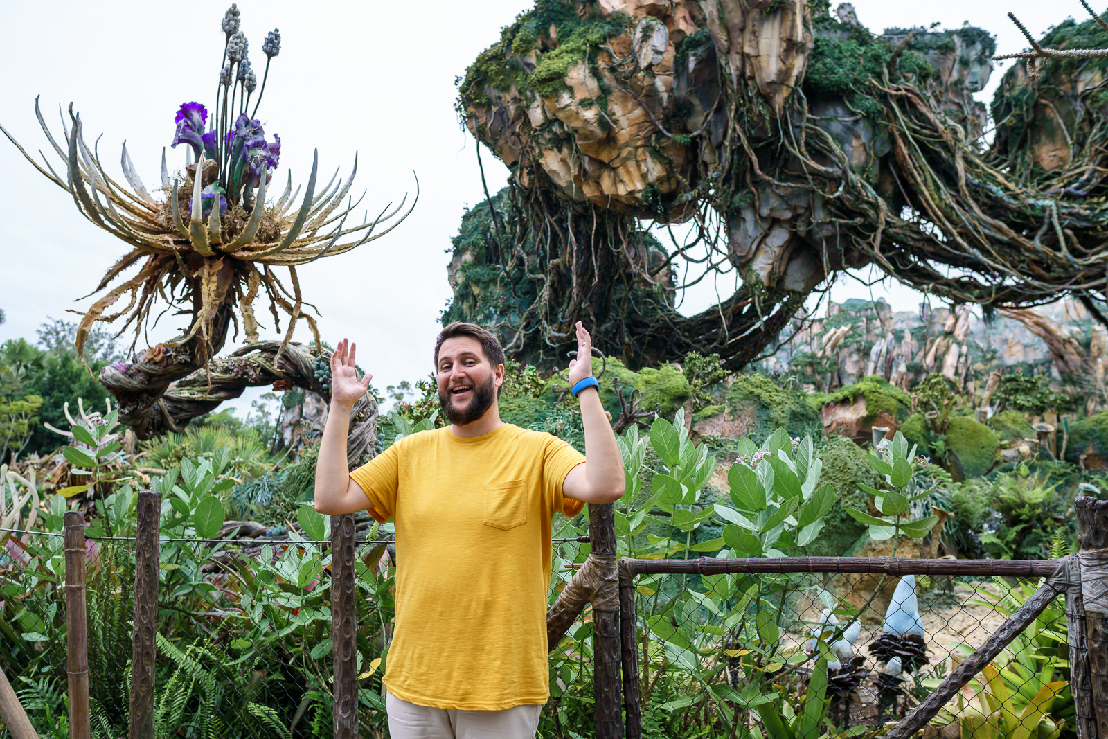 Visitante na área de Pandora com as montanhas flutuantes do Mundo de Avatar ao fundo