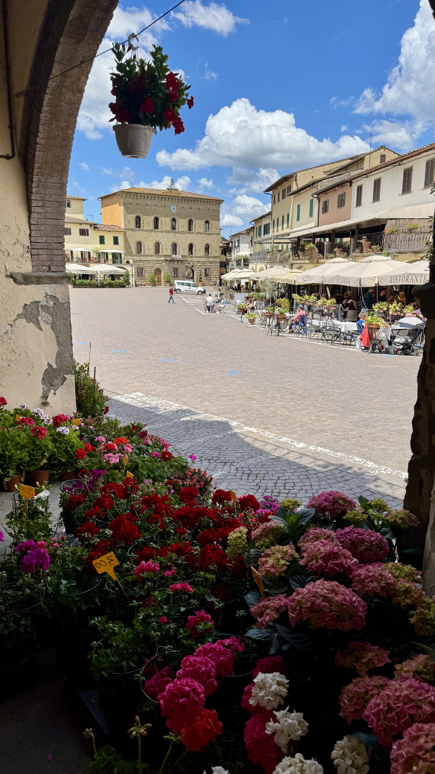 Piazza Matteotti em Greve in Chianti com prédios históricos e floreiras
