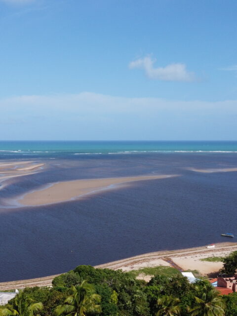 Vista aerea da foz do Rio Manguaba encontrando o mar em Porto de Pedras, Alagoas, com faixas de areia expostas na mare baixa
