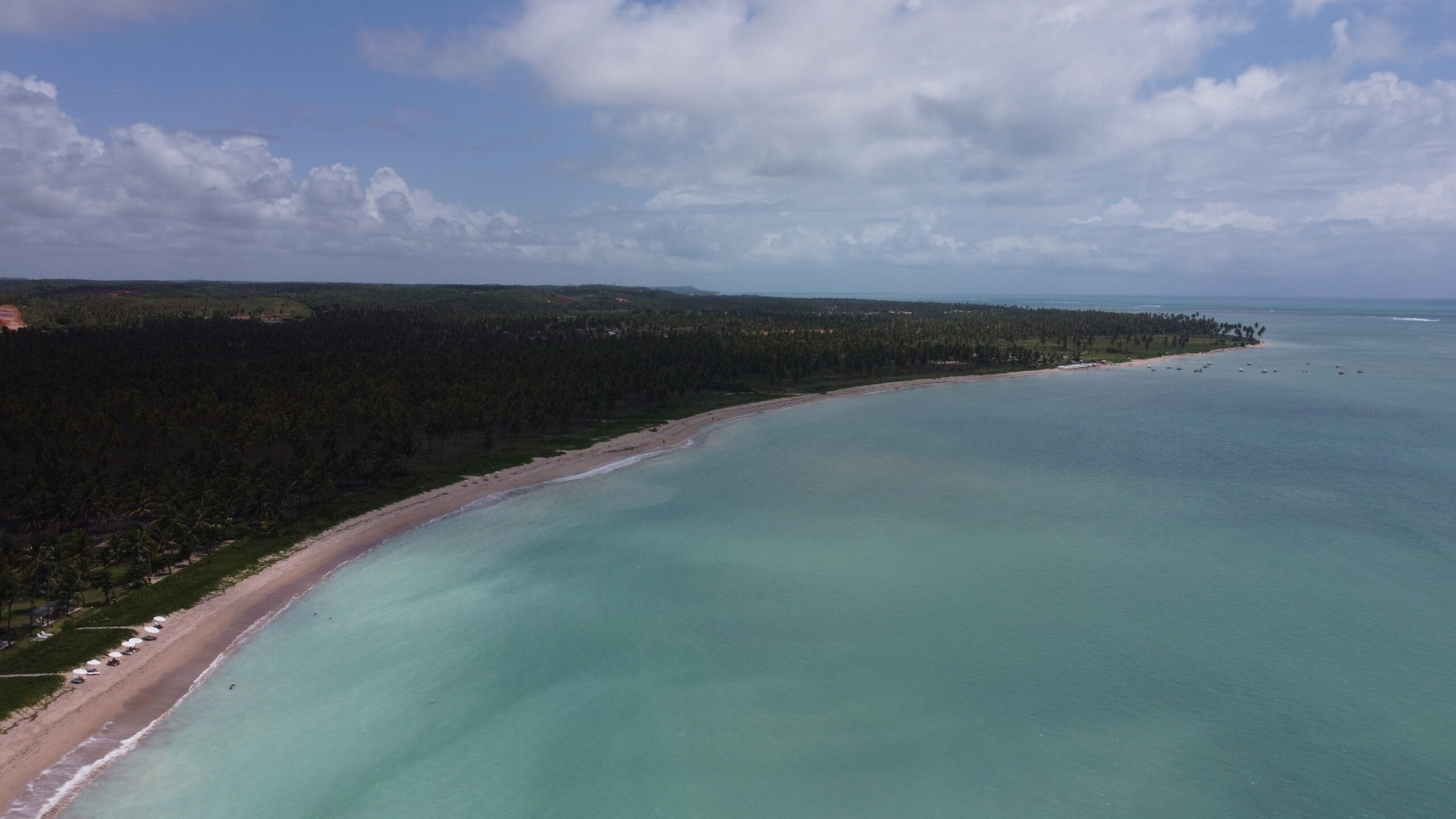 Vista aerea da faixa de areia da Praia do Toque em maré baixa, com agua em tons de azul-turquesa e coqueiros na orla