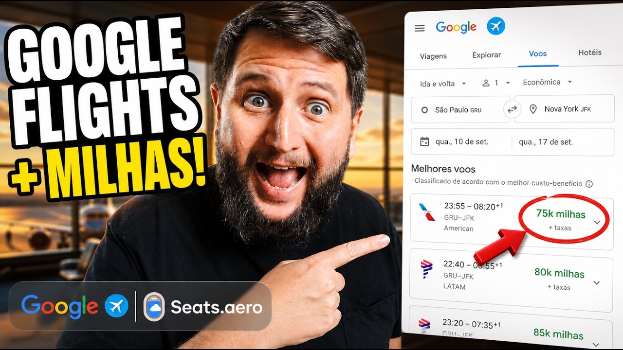 Print do nosso teste ao vivo da extensão do Seats.aero mostrando milhas dentro do Google Flights