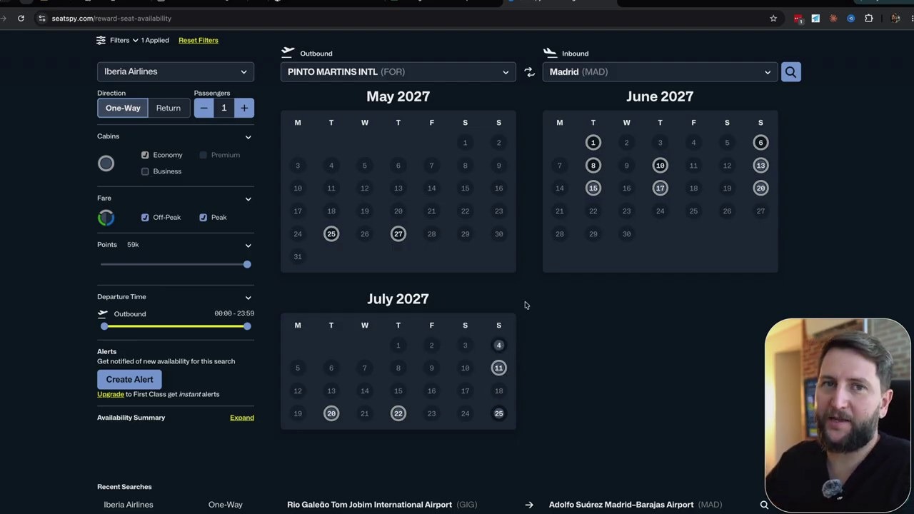 Calendário do SeatSpy mostrando disponibilidade de assentos com Avios na Iberia