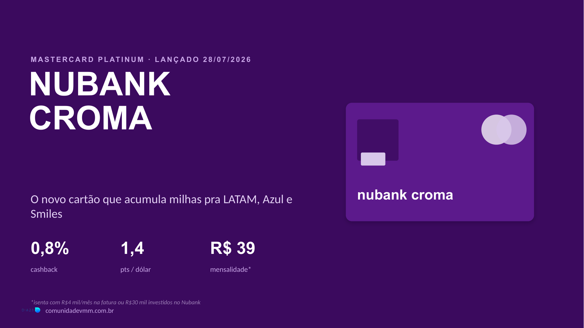 Slide oficial da Comunidade VMM resumindo o Nubank Croma: 0,8% cashback ou 1,4 ponto por dólar, mensalidade de R$ 39