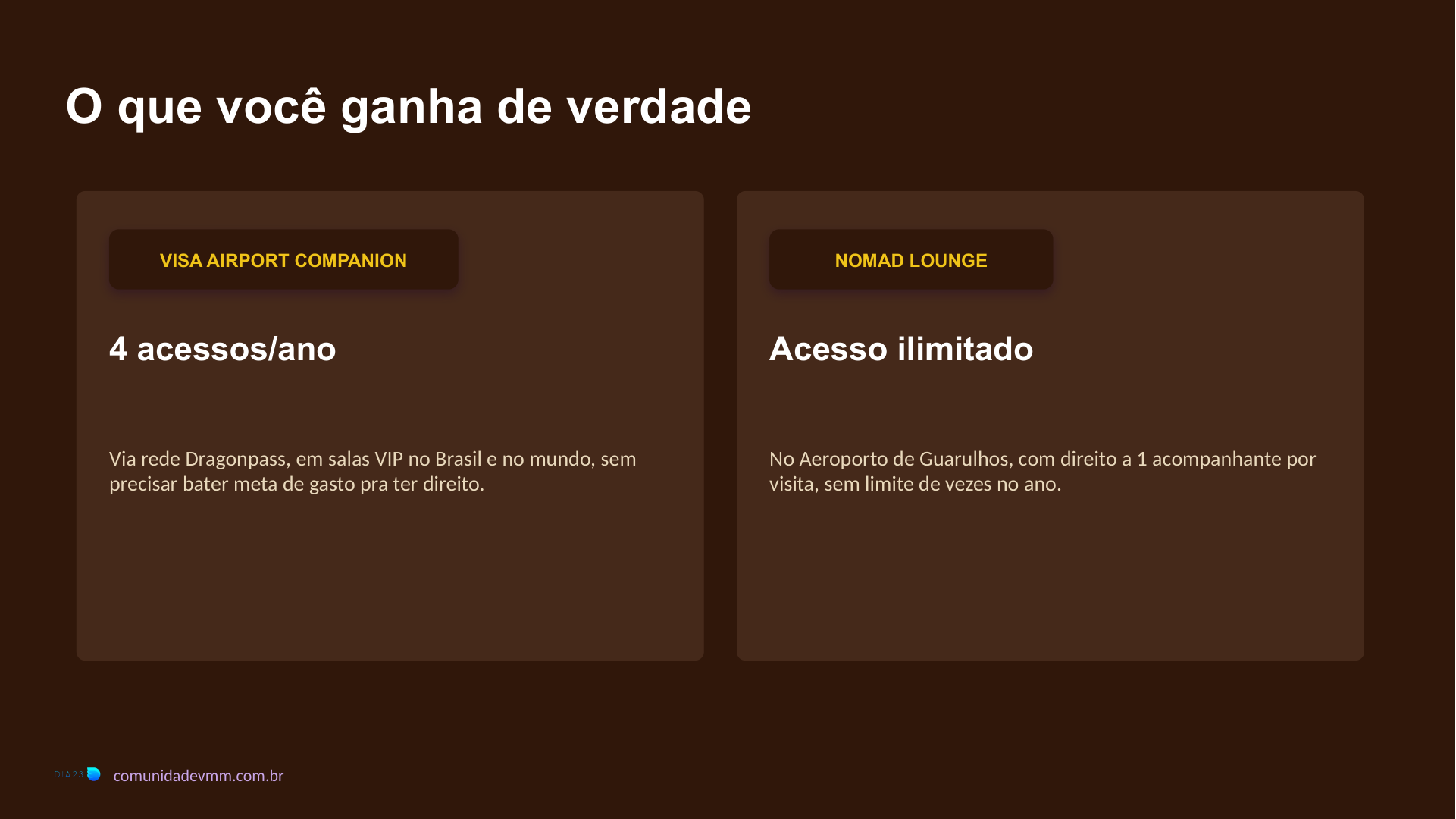 Slide comparando o Visa Airport Companion (Dragon Pass) com 4 acessos por ano e o Nomad Lounge com acesso ilimitado