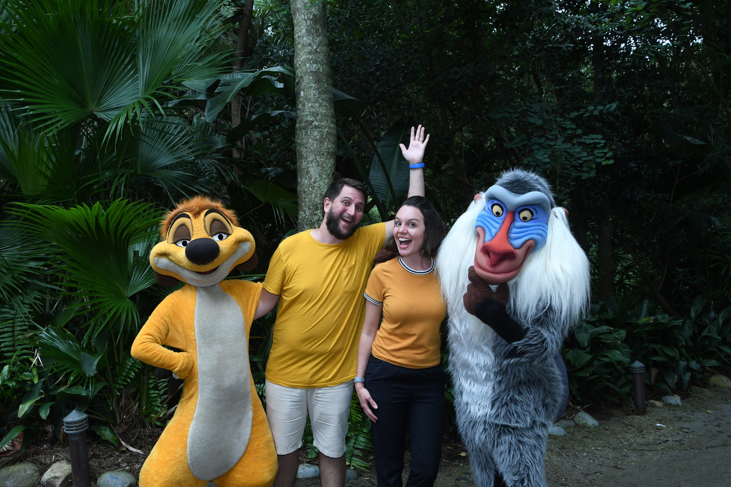 Timão e Rafiki, personagens do Rei Leão, em encontro de personagem cercado de vegetação no Animal Kingdom