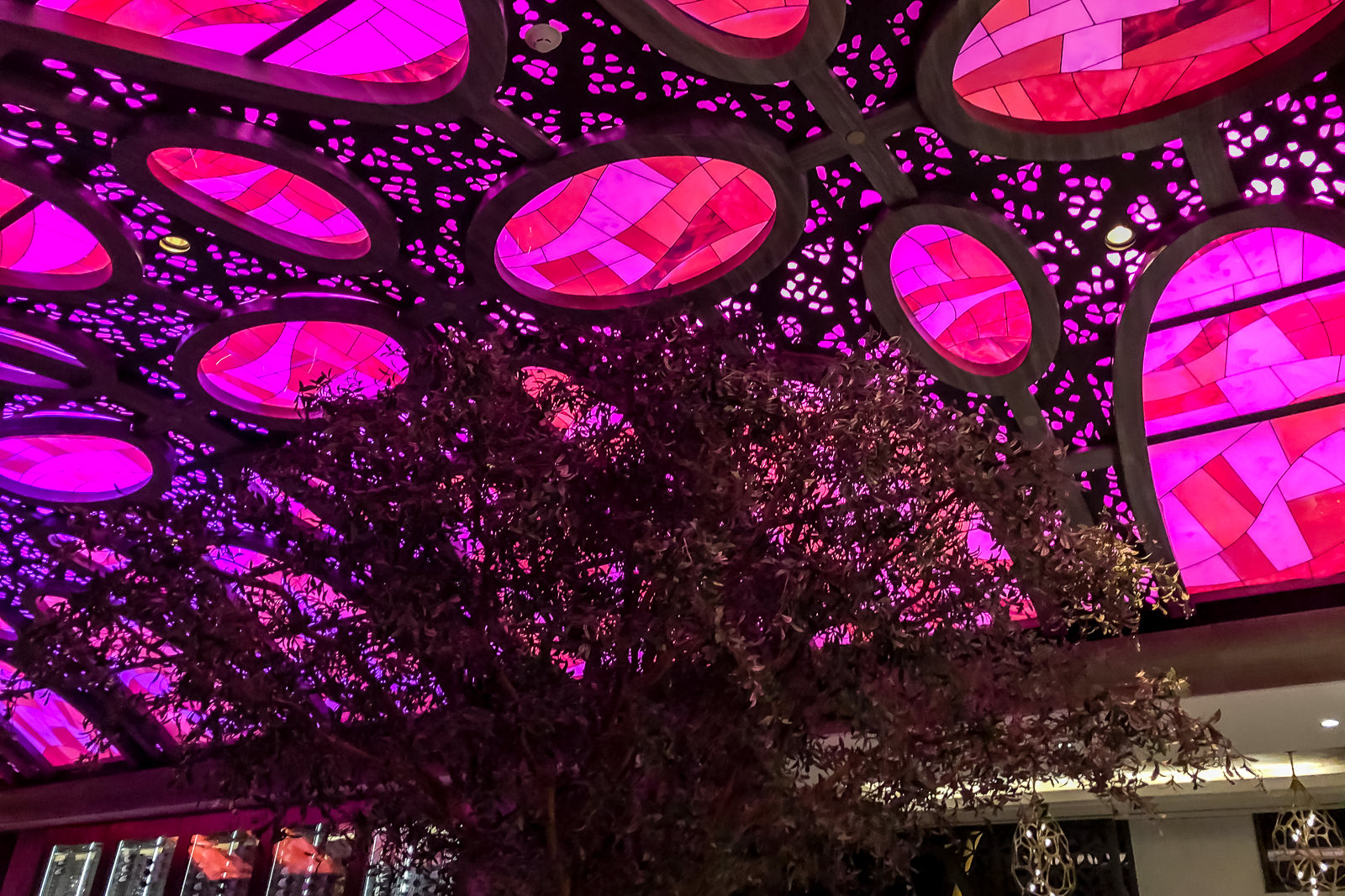Teto do restaurante Toledo com painéis circulares iluminados em tons de rosa e roxo sobre uma árvore decorativa