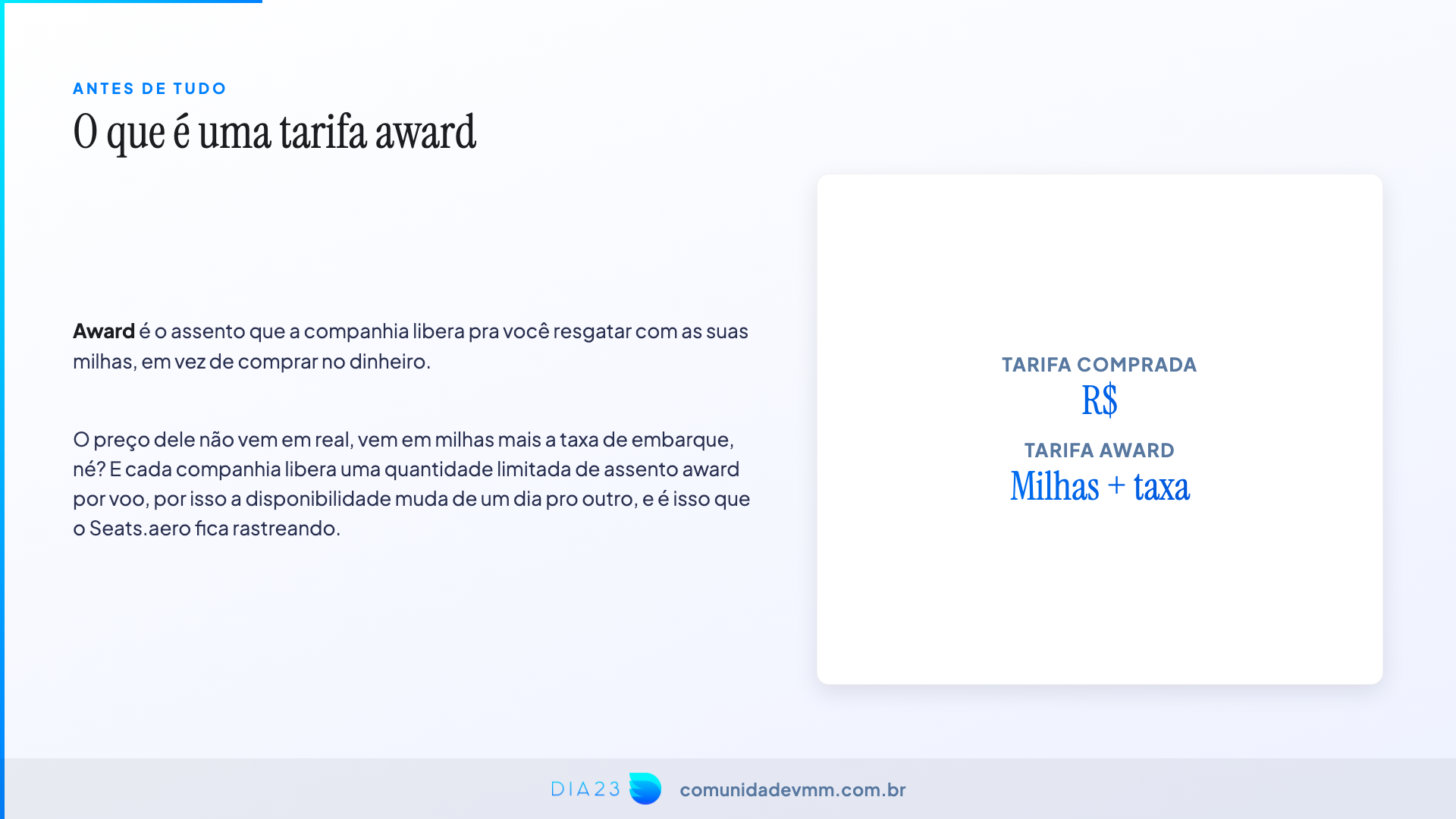 Slide da apresentação comparando tarifa comprada, cobrada em reais, com tarifa award, cobrada em milhas mais taxa de embarque.