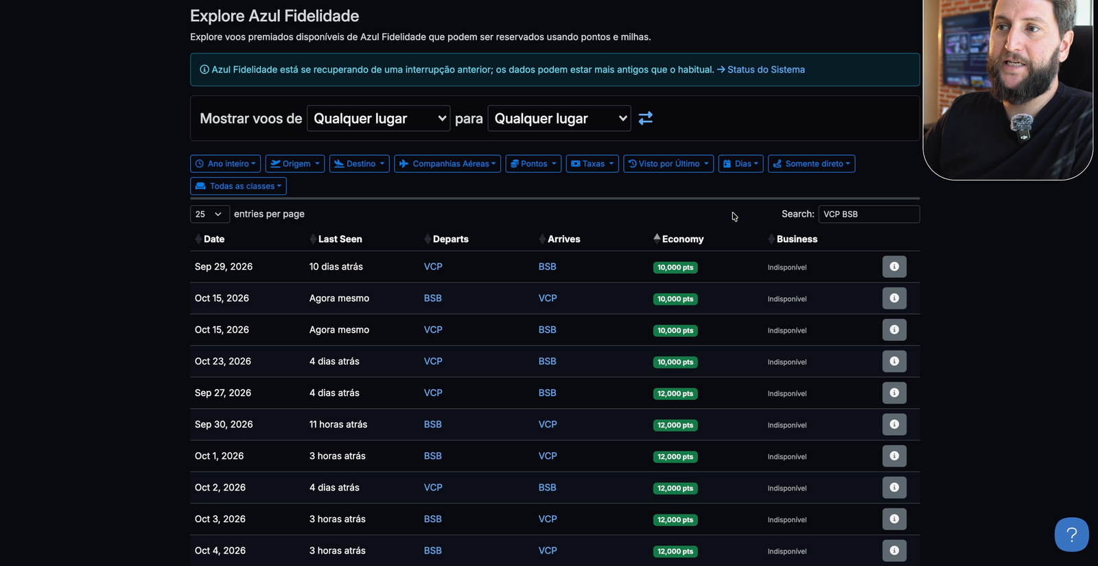 Resultado do Seats.aero para Brasília e Viracopos com voos diretos por 10 mil pontos da Azul e a coluna de última verificação.