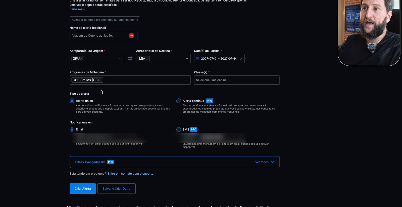 Formulário de criação de alerta no Seats.aero com aeroportos de origem e destino, intervalo de datas, programa GOL Smiles e as opções de alerta único e alerta contínuo.
