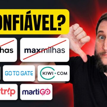 Rudi com o polegar para baixo ao lado dos logos da 123milhas, MaxMilhas, Zupper, GotoGate, Kiwi.com, Mytrip e Martigo, com o texto É confiável?