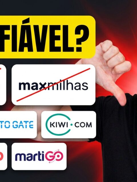 Rudi com o polegar para baixo ao lado dos logos da 123milhas, MaxMilhas, Zupper, GotoGate, Kiwi.com, Mytrip e Martigo, com o texto É confiável?