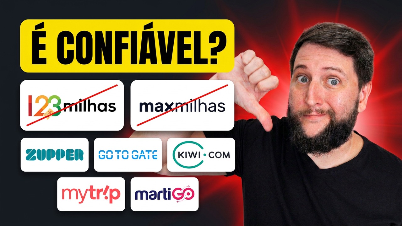 Rudi com o polegar para baixo ao lado dos logos da 123milhas, MaxMilhas, Zupper, GotoGate, Kiwi.com, Mytrip e Martigo, com o texto É confiável?