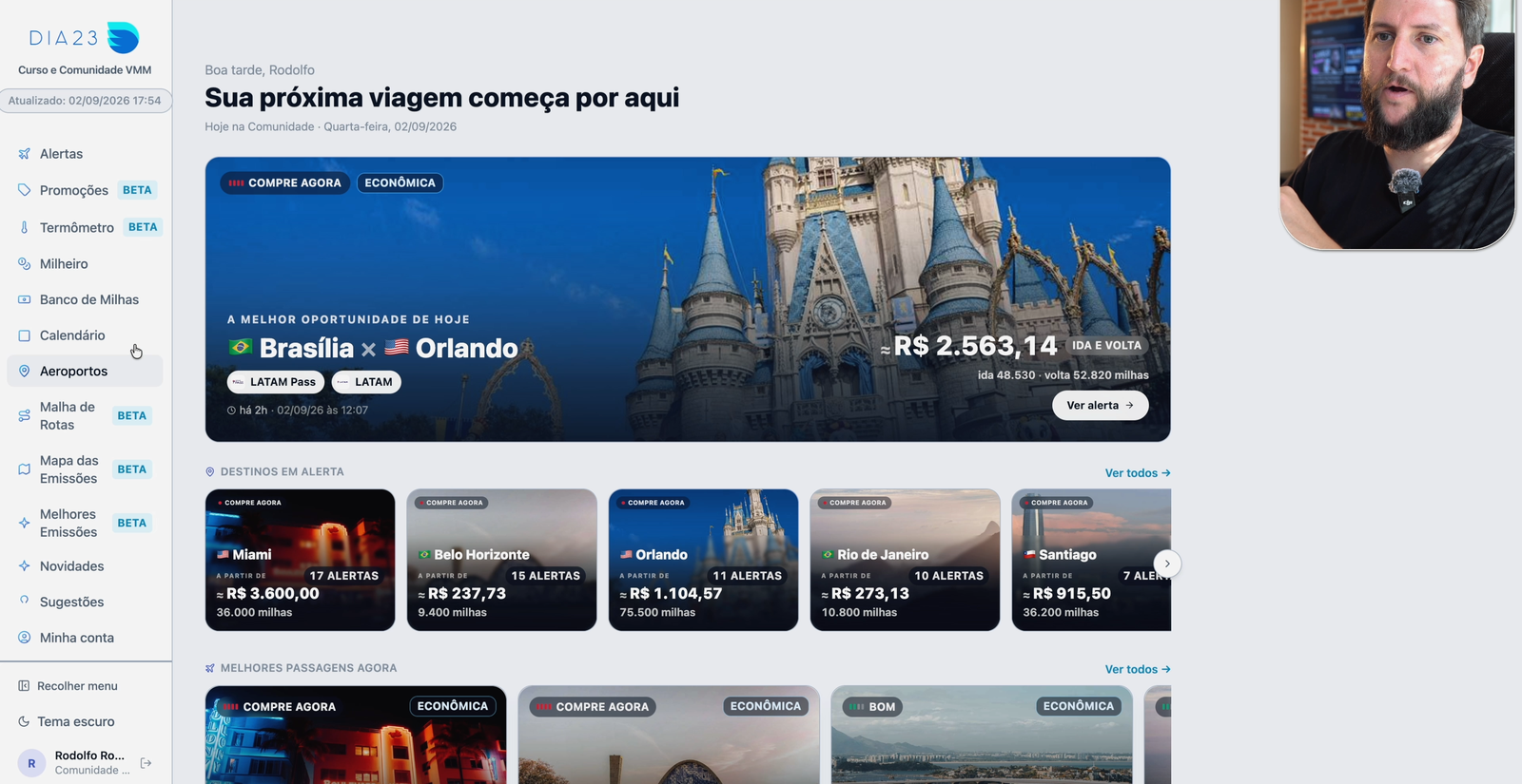 Painel da Comunidade VMM mostrando a melhor oportunidade do dia, de Brasília para Orlando, com valor estimado e a quantidade de milhas de ida e de volta.