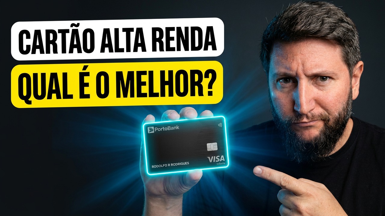 Rudi apontando para o cartão Porto Bank Visa Infinite, com o texto Cartão alta renda: qual é o melhor?