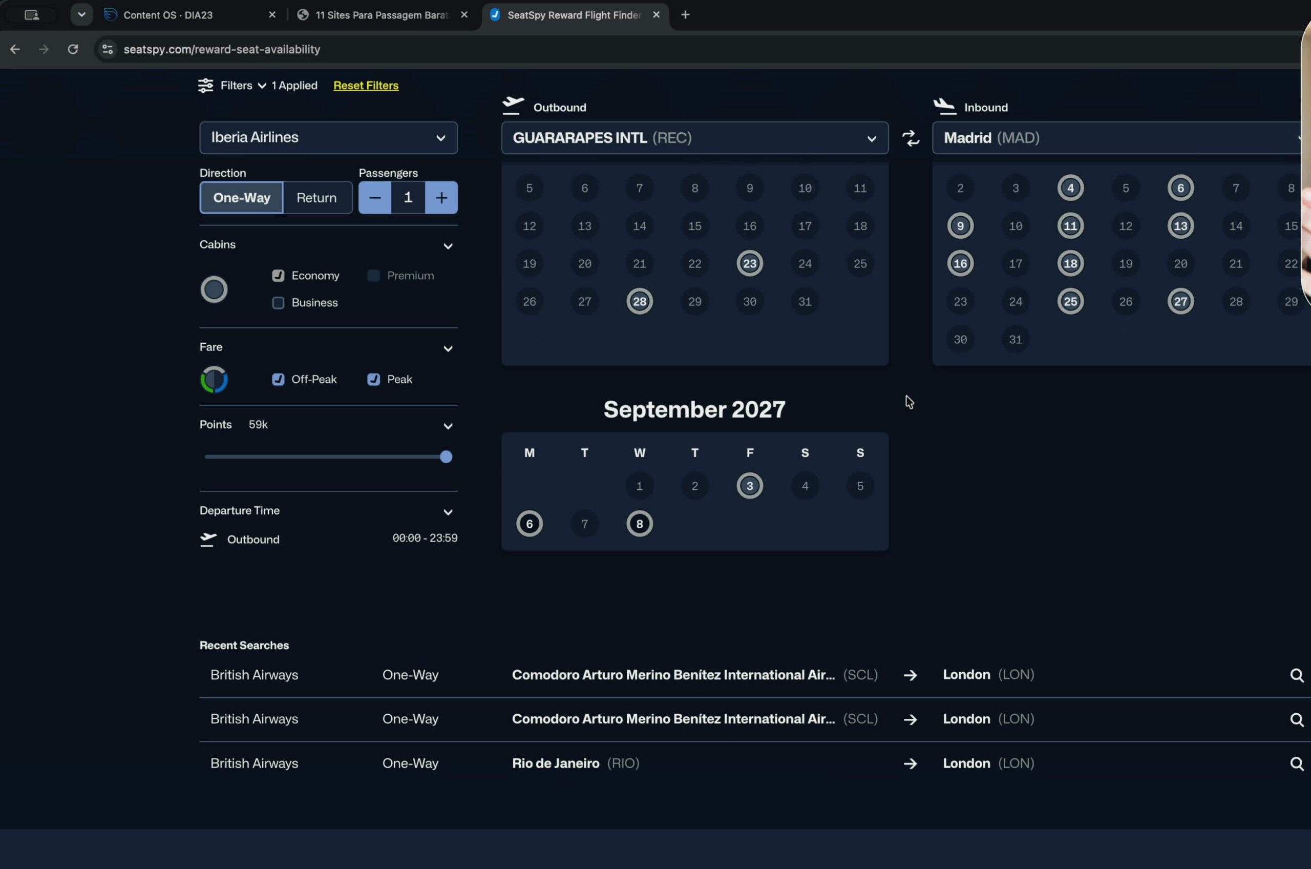 Calendário do SeatSpy, Recife para Madrid