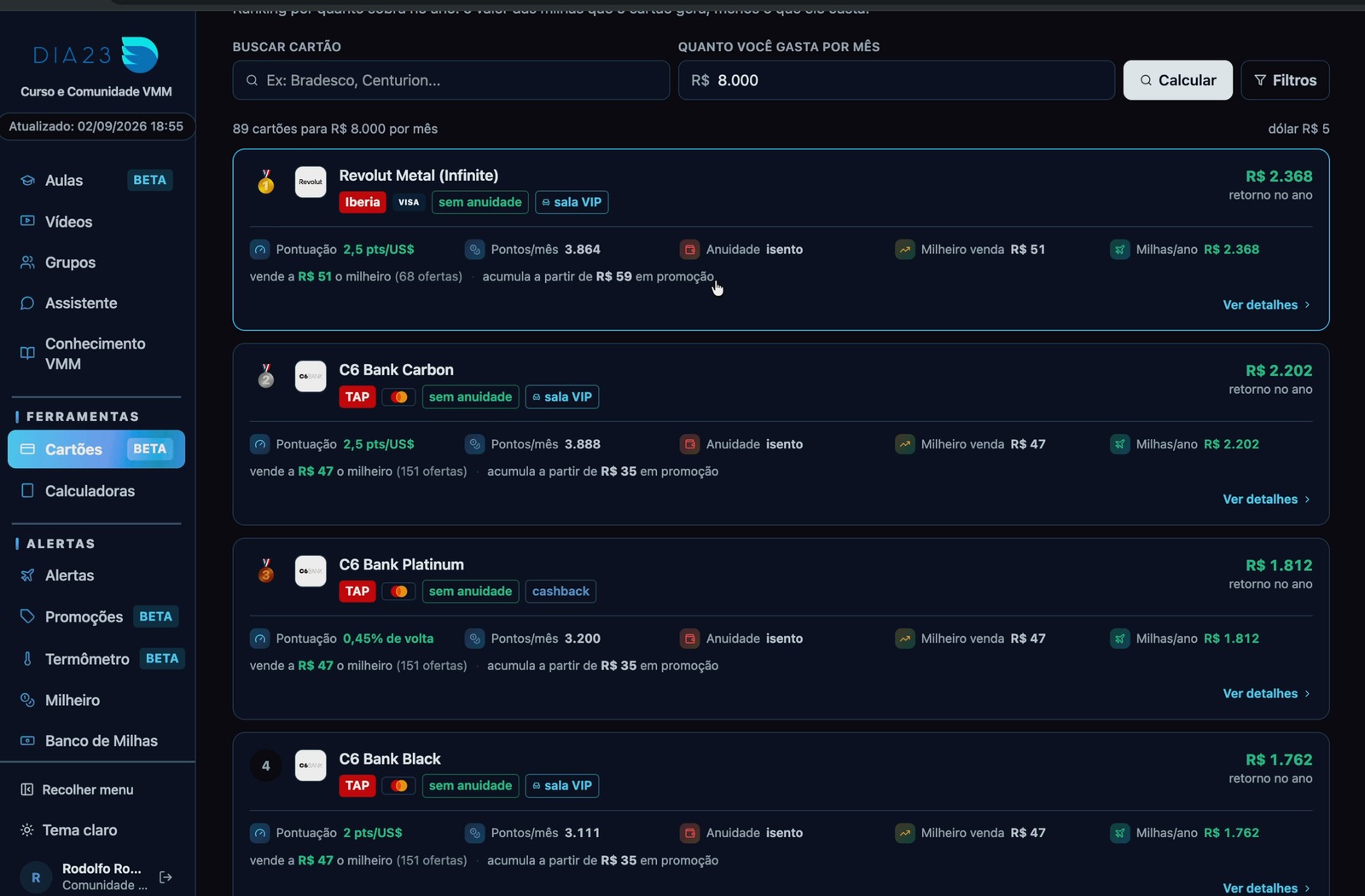 Rank de cartões da plataforma da Comunidade VMM simulando R$ 8.000 por mês
