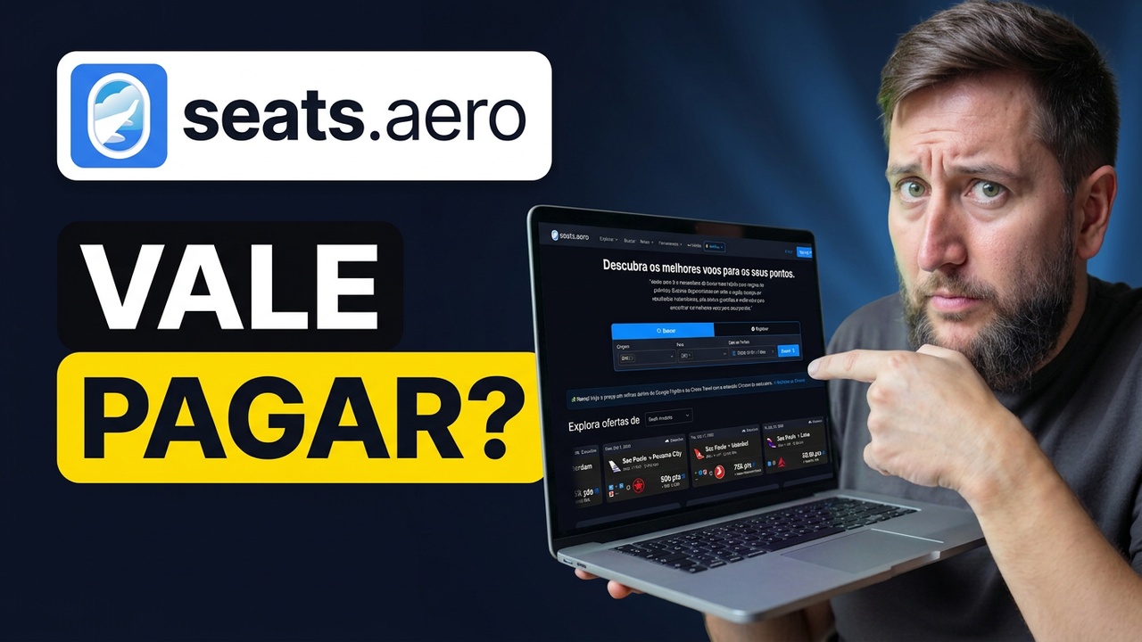 Homem apontando para um notebook com o site Seats.aero aberto, ao lado da pergunta Vale Pagar?
